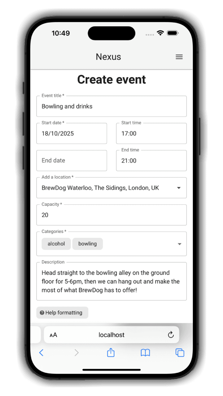 Create event form